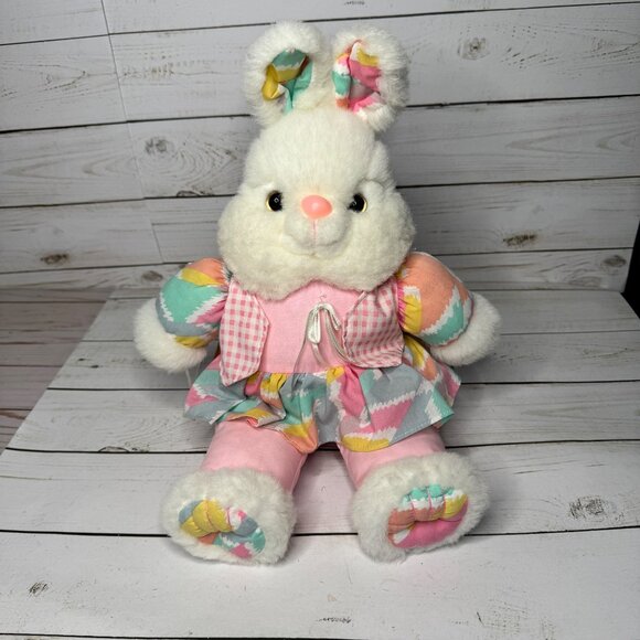 Vintage Plush Bunny Rabbit Doll 14" Pastel Rainbow Dress Gingham Bow Easter Toy - Picture 1 of 8